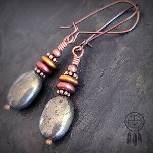 Boho Pyrite Earrings Real Gemstone Copper
